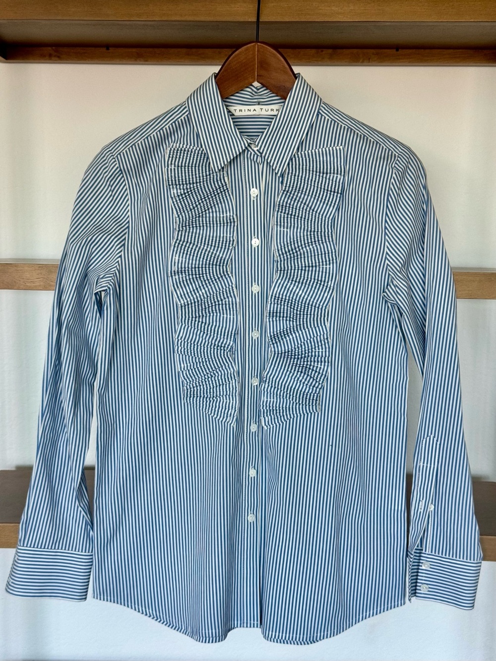 Trina Turk Blue and White Striped Ruffle-Front Dress Shirt